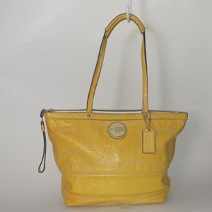 Classy Shiny Coach Signature Leather Tote Handbag, Yellow